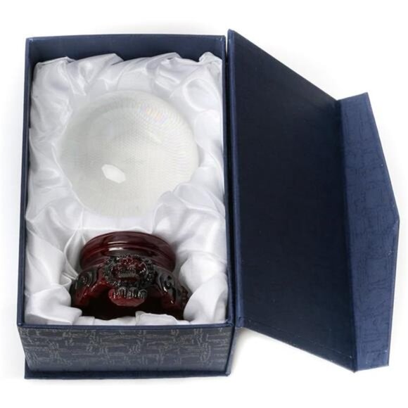 Amlong Crystal 3 inch (80mm) Clear Crystal Ball with Redwood Lion Resin Stand - Picture 2 of 8